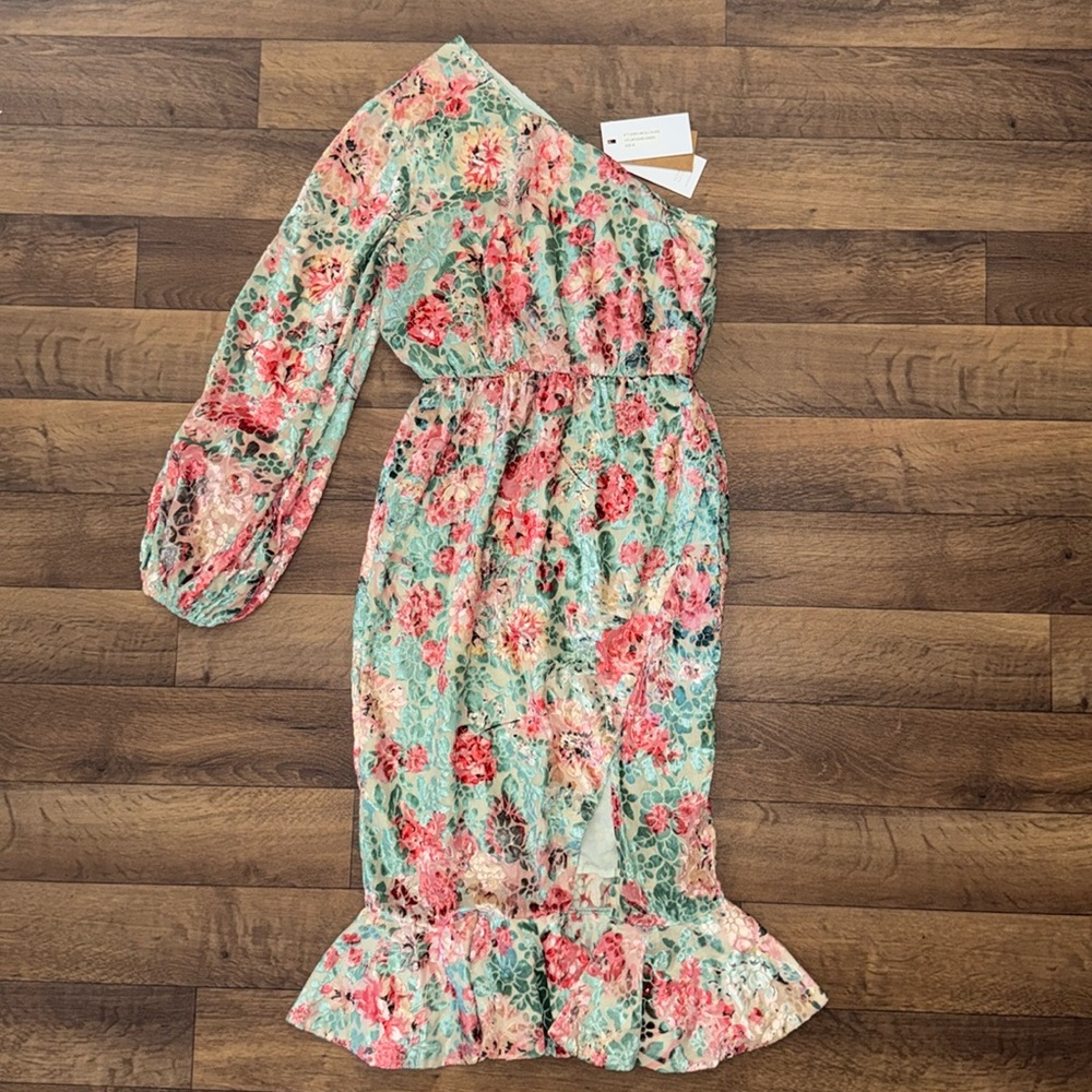Hemant & Nandita Size Medium NWT Olivia Floral Dress Sage Green Burnout Velvet